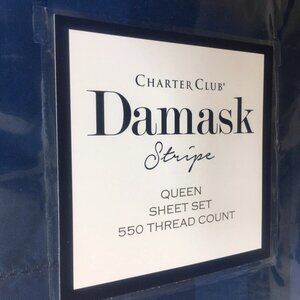 new NAVY PEONY STRIPE Charter Club Damask 550 TC 100% Cotton QUEEN Sheet Set